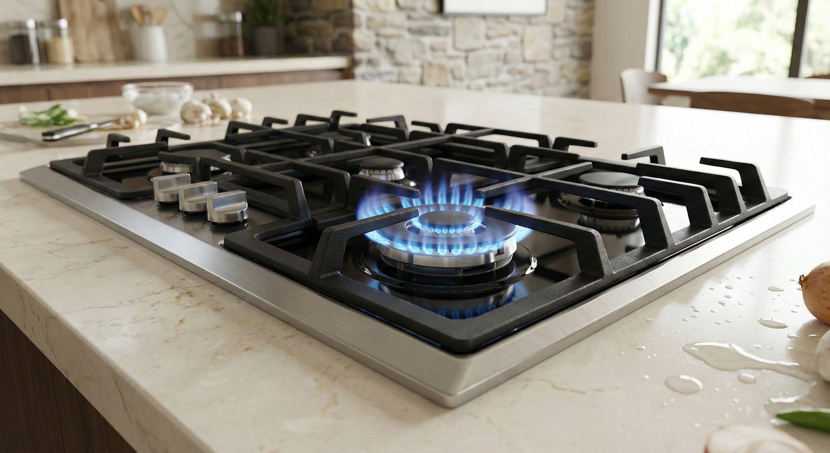 Modernes Gaskochfeld mit sichtbarer blauer Flamme auf einer hellen Küchenarbeitsplatte.