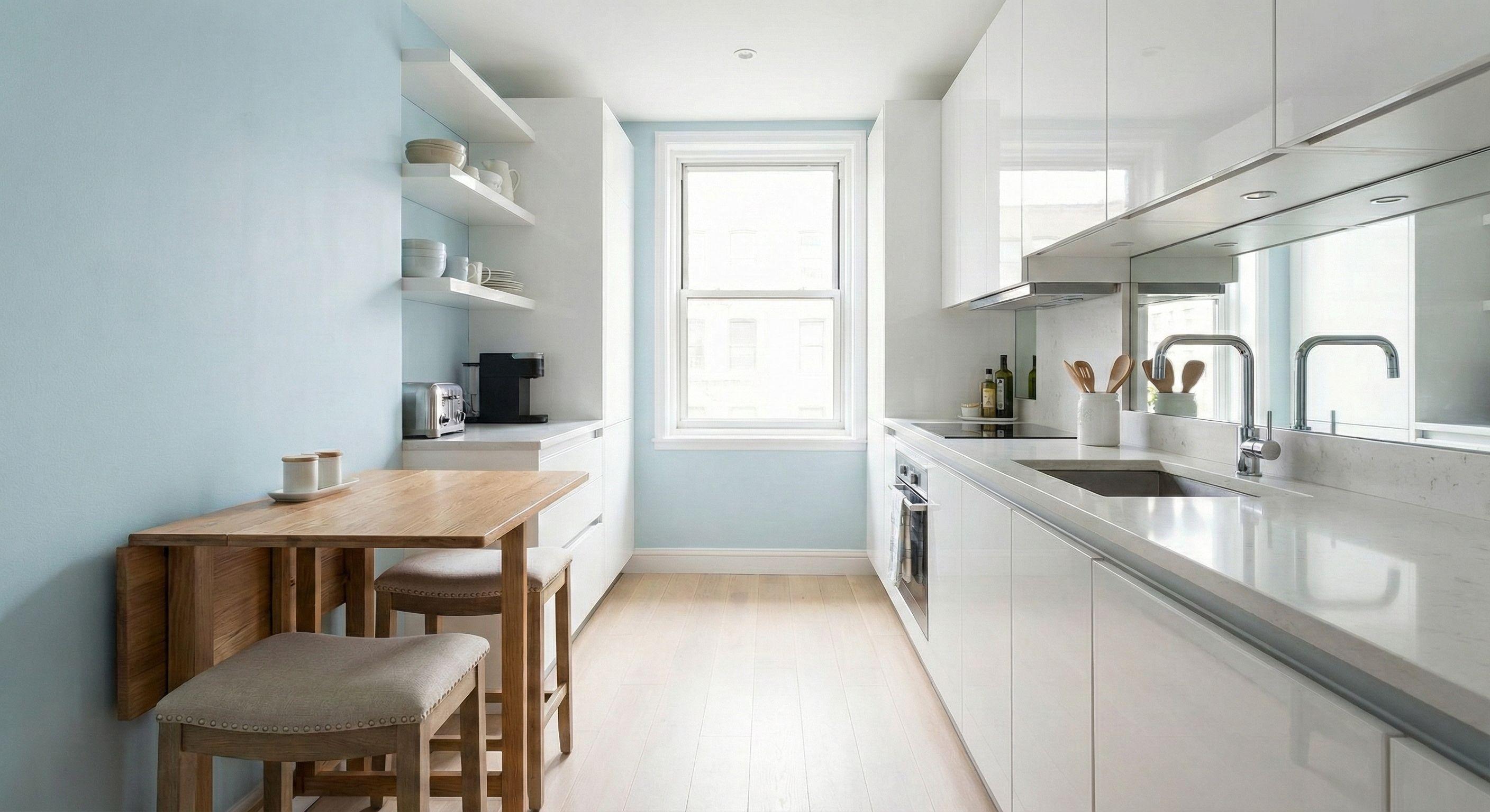 Schmale weiße Küche mit Holzarbeitsplatte, zwei Hockern, offenem Regal, Spüle und Herd an gegenüberliegenden Wänden, Fenster am Ende.